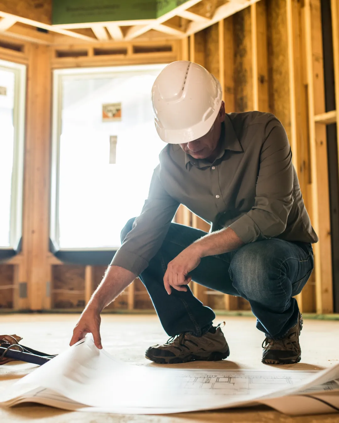 Contractor reviewing blueprints inside a framed structure