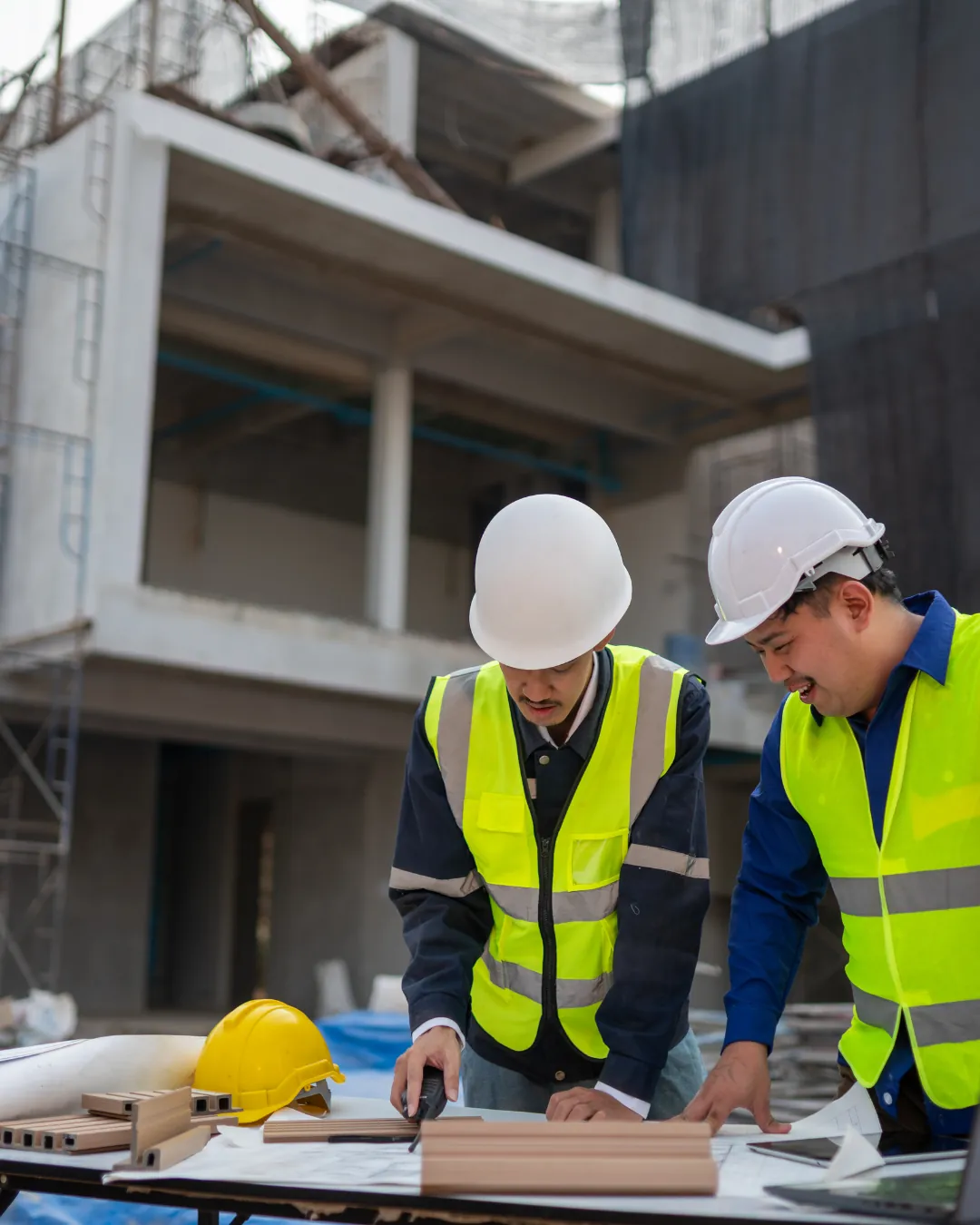 Two contractors in safety gear reviewing project plans